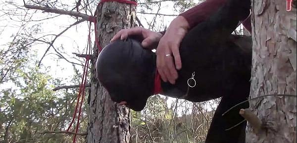  Outdoor sex in the wood. Wearing sexy clothes and high heels, bound, throated and fucked